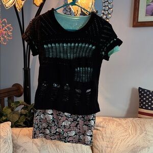 Express Teal Short Sleeve Crop Top, Maurice’s black sweater, Charlotte Russe ski